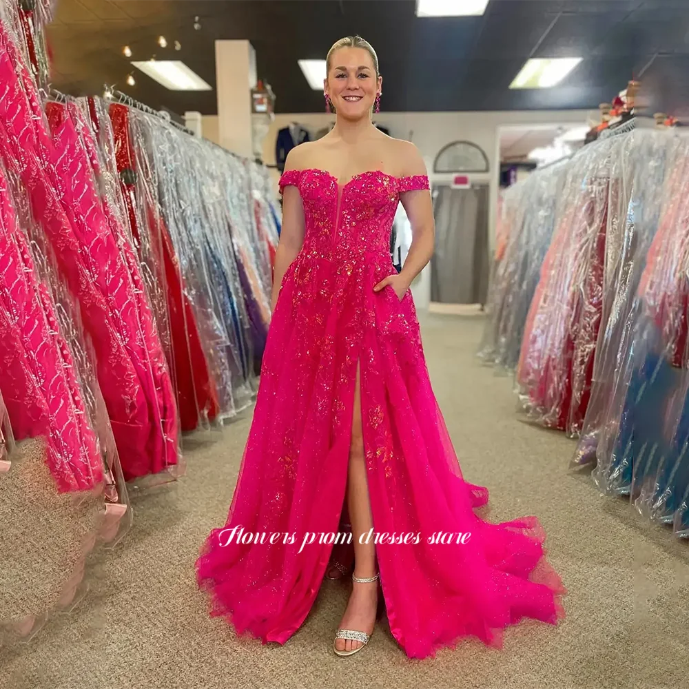 

Flowers A Line Prom Dress Off Shoulder Lace Applique Party Dresses Lace Up Back Princess Ball Gown vestidos de fiesta Customized