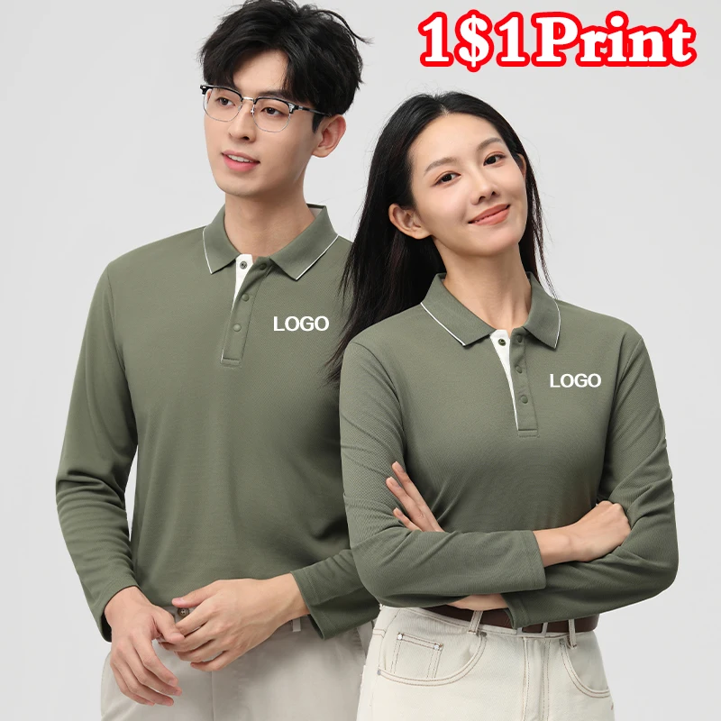 Custom Printed Logo Long Sleeve Polo Shirt Men's Women's Lapel T-Shirt Work Cultural Embroidery Design Customizable Team Uniform