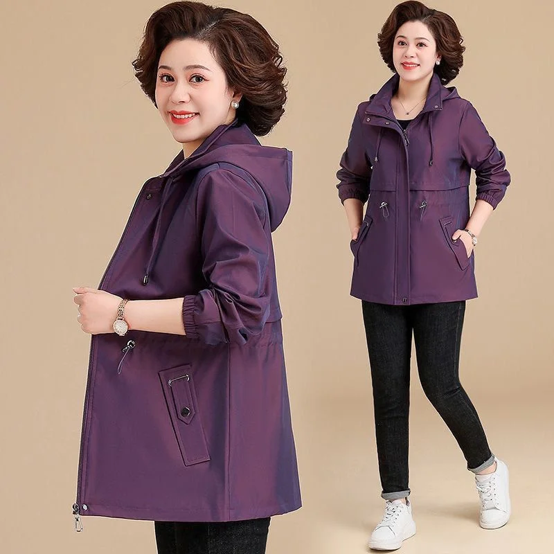 Windbreaker Jacket Women 2024 Spring  Autumn New Middle-aged Mother Temperament Casual Hooded All-Match Trench Coat Ladies Top