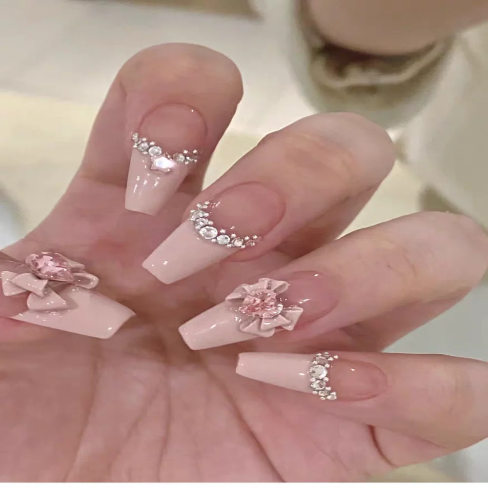 

New Sweet Princess Removable Handmade Nail Tool Wear Nail Art Girl Short Fake Nails French Diamonds Patch Nail False Nail Stick