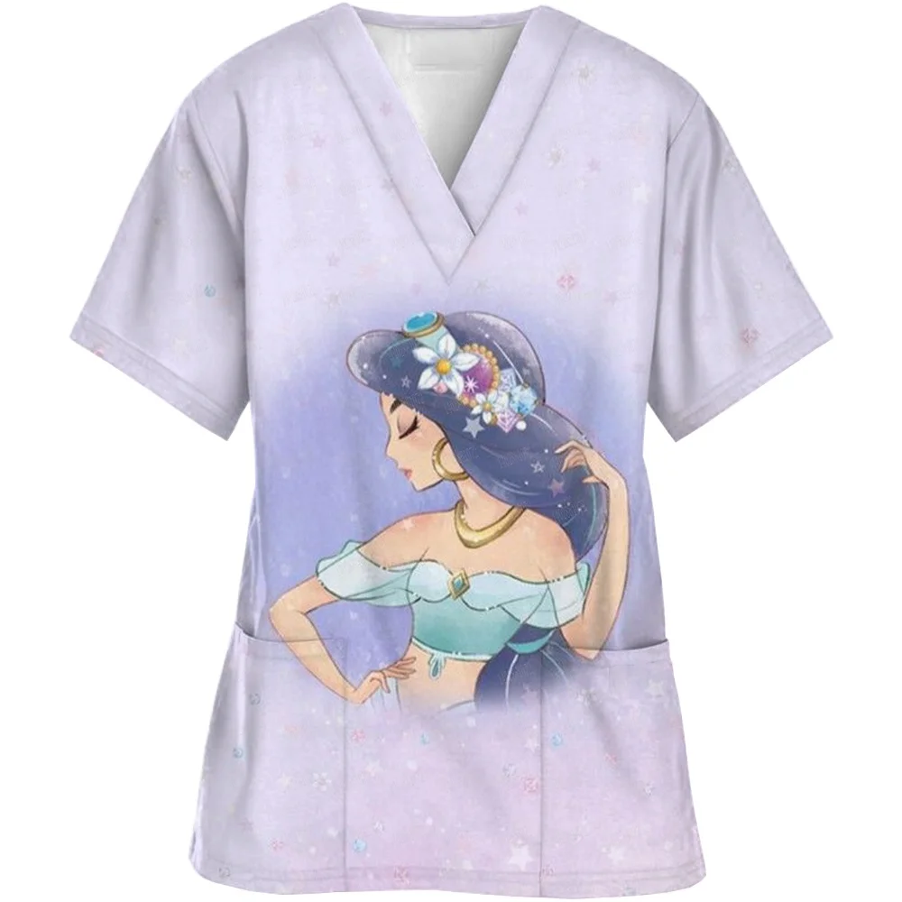 Disney Princess Print Women\'s Nursing ClothingTop Accessories Doctors Medical Uniform Hospital Nurse Beauty Salon Scrubs Top