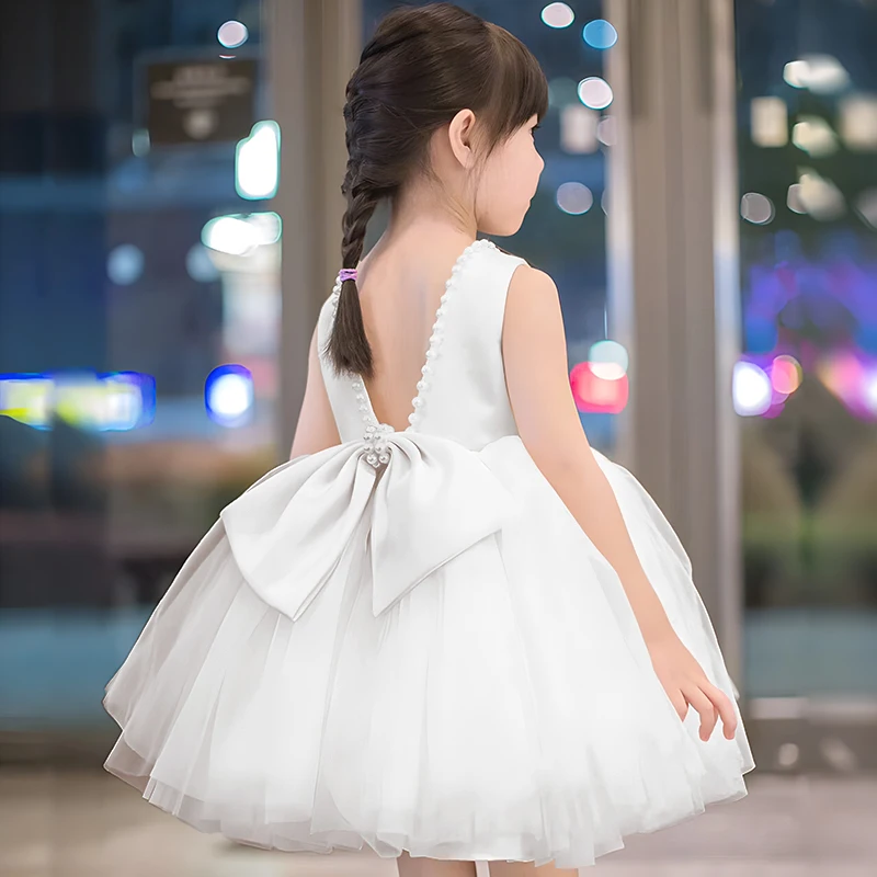 Baby Girl Dress Pearls Kids Dresses Bow Backless Wedding Party Dress Toddler Girl Princess Tulle Baptism Dress for Birthday 1-5Y