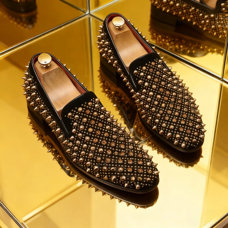 

Luxury Rivet Loafers Men Leather Shoes Spikes Punk Flats Low Top Sneaker Slip-on Lazy Designer Loafers Sapato Social Masculino