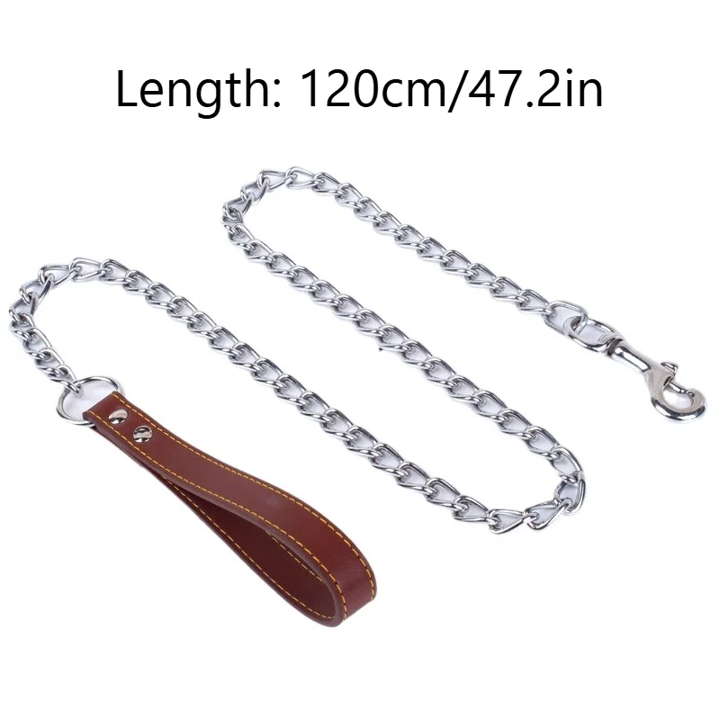 Metal Chain Dog Lead with Leather Style Handle Strong Control Leash Iron Dog Pets Supplies Collars Harnesses Chain Traction Rope gallery 3