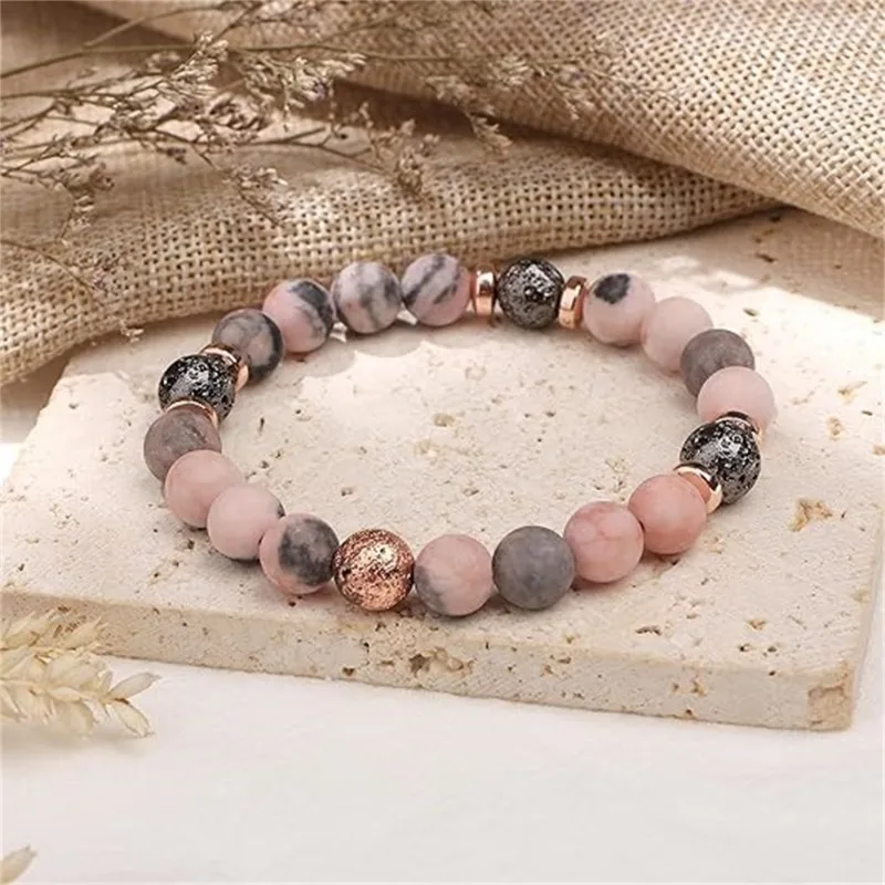 Light Pink Nature Stone Bracelet Pink Zebra Handmade Bead Bracelet for 50th to 70th Birthday with Card for Men or Women Gift