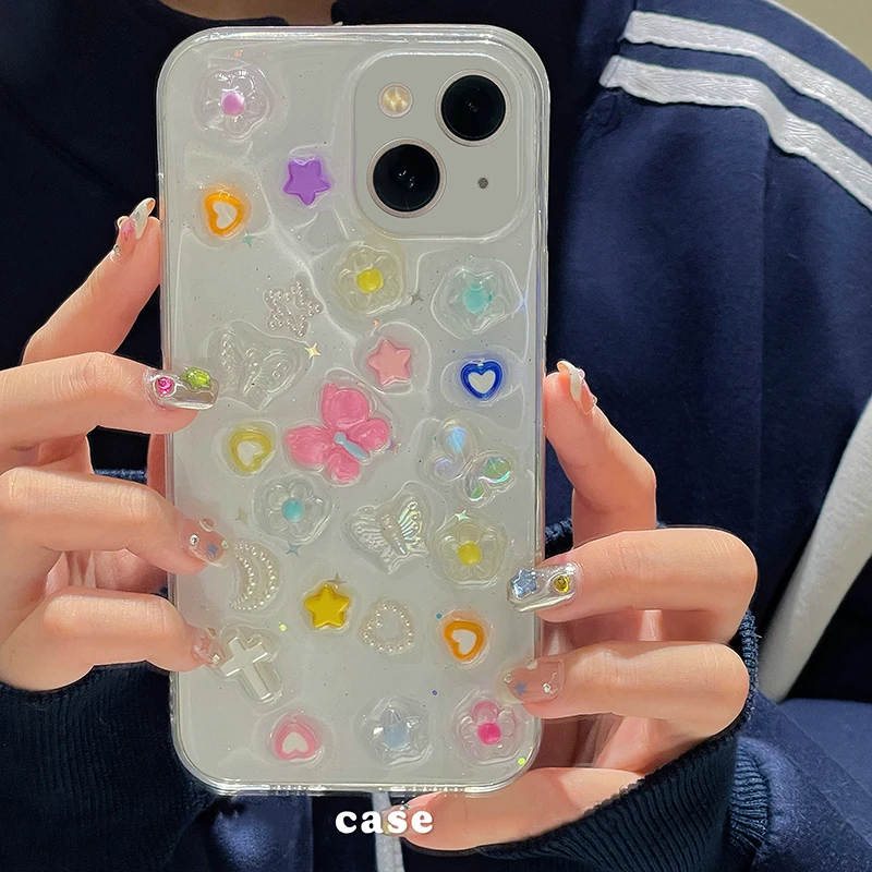 جراب ثلاثي الأبعاد بريق الفراشة لهواتف آيفون ، كوريا اليابانية ، 14 ، 13 ، 11 ، 12 برو ماكس ، بلس ، لون لطيف ، غطاء زهرة ناعم ، غلاف إيبوكسي شفاف ، فتاة ، اليابان ، كوريا #2