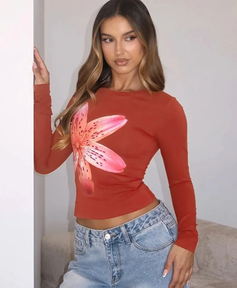 

Casual Sweet Flower Print T-shirt Y2K Woman Clothes O-neck Long Sleeve Slim Crop Tops Red Pink Short Tee Shirts Pullover