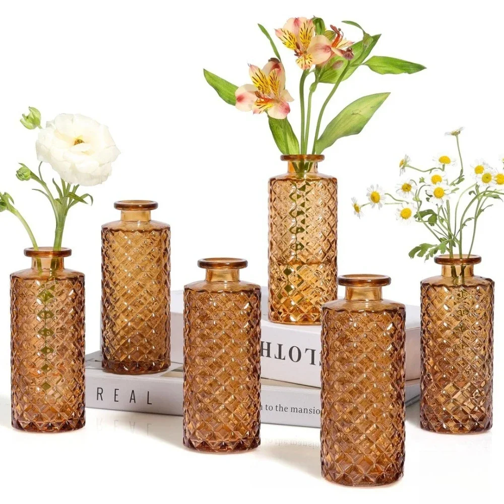 

6pcs Vintage Vase Glass Hydroponic Flower Planter Small Vase Glass for Centerpieces Home Office Soft Decoration Wedding Decor