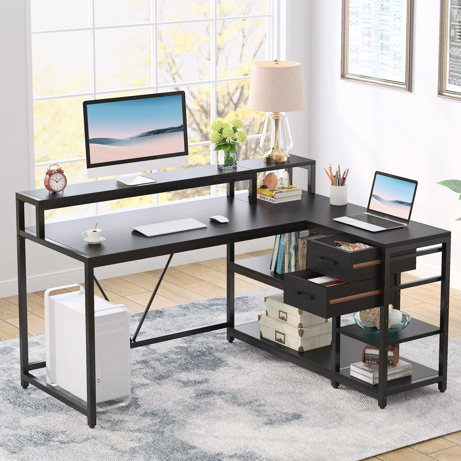 Tribesigns L Shaped Desk with Drawer and Monitor Stand, Modern Simple L Corner Desk Home Office Table