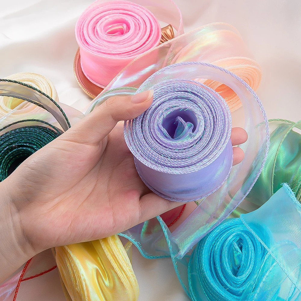 1/5/9Meters 40mm Fishtail Organza Ribbon Reflective Iridescent Wavy Edge Ribbon for Gift Wrapping DIY Bow Bouquet Voile Ribbons