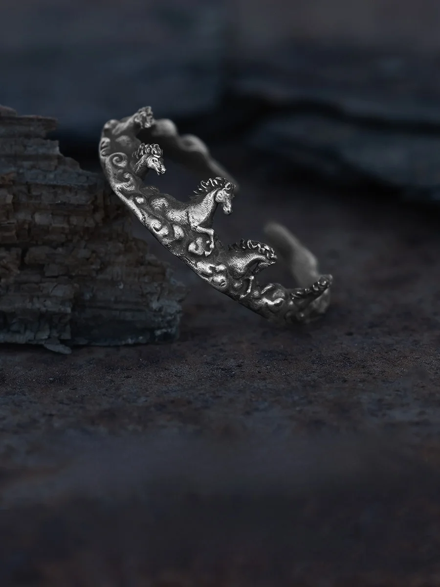 

Original YinShu 'Ma to Success' Silver Ring 999 Pure Silver Neutral Style for Men And Women Lucky Year Ring Vintage Fashion J...