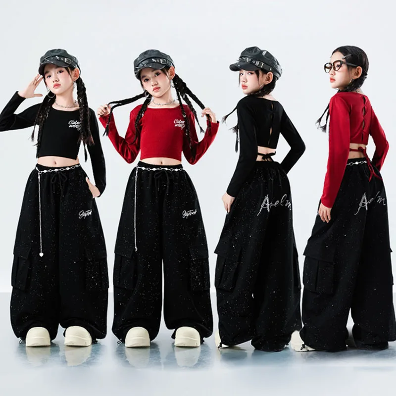 Детская одежда в стиле хип-хоп Kpop, красная укороченная футболка с замочной скважиной на спине, черная, серебристая, повседневные брюки-карго для девочек, танцевальные костюмы, одежда Детская одежда в стиле хип-хоп Kpop, красная укороченная футболка с замочной скважиной на спине, черная, серебристая, повседневные брюки-карго для девочек, танцевальные костюмы, одежда