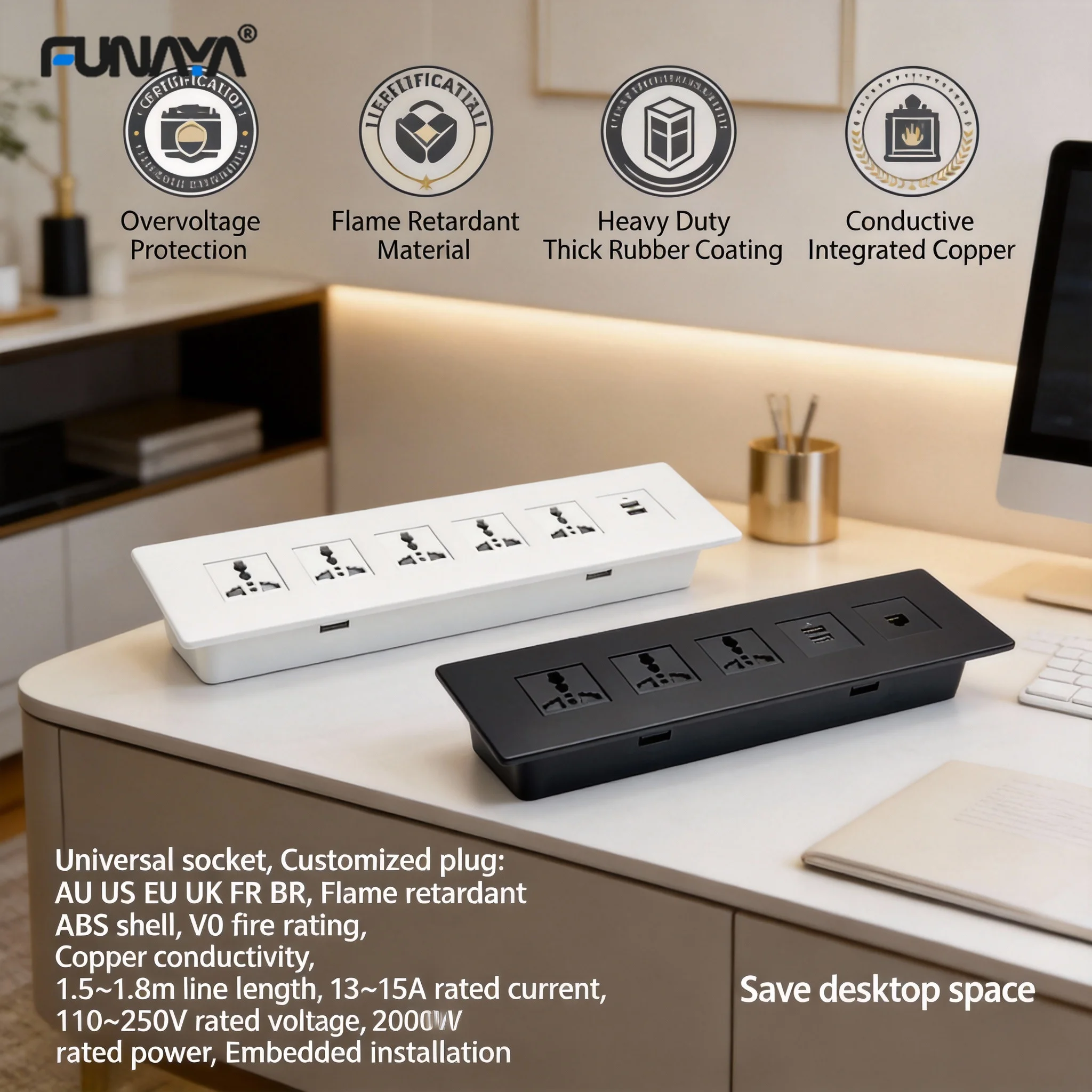 

FUNAYA Universal Hidden Embedded Multi Socket Surface Mounted AC250V 13A 2500W USB Type C 2.1A Sofa Desktop Furniture Sockets