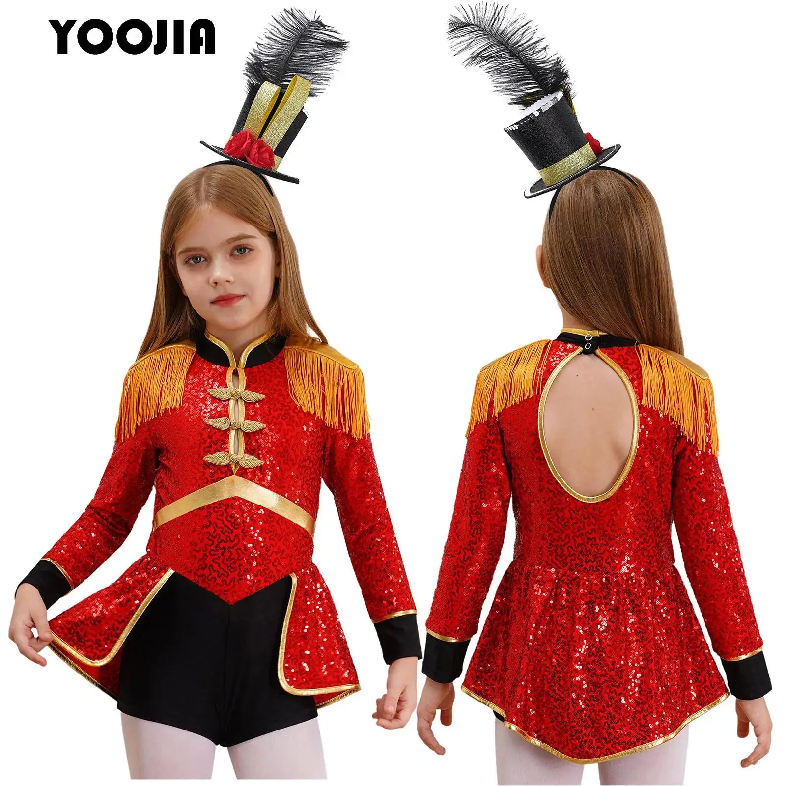 

Halloween Carnival Girls Circus Costume Outfits Ring Master Cosplay Drummer Magician Marching Band Bodysuit Skirt with Hat Set