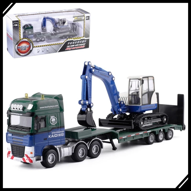 

KDW 1:50 модель транспортного грузовика из сплава, планшетный прицеп с экскаватором, полуприцеп, строительная машина, литая под давлением игрушка для детей