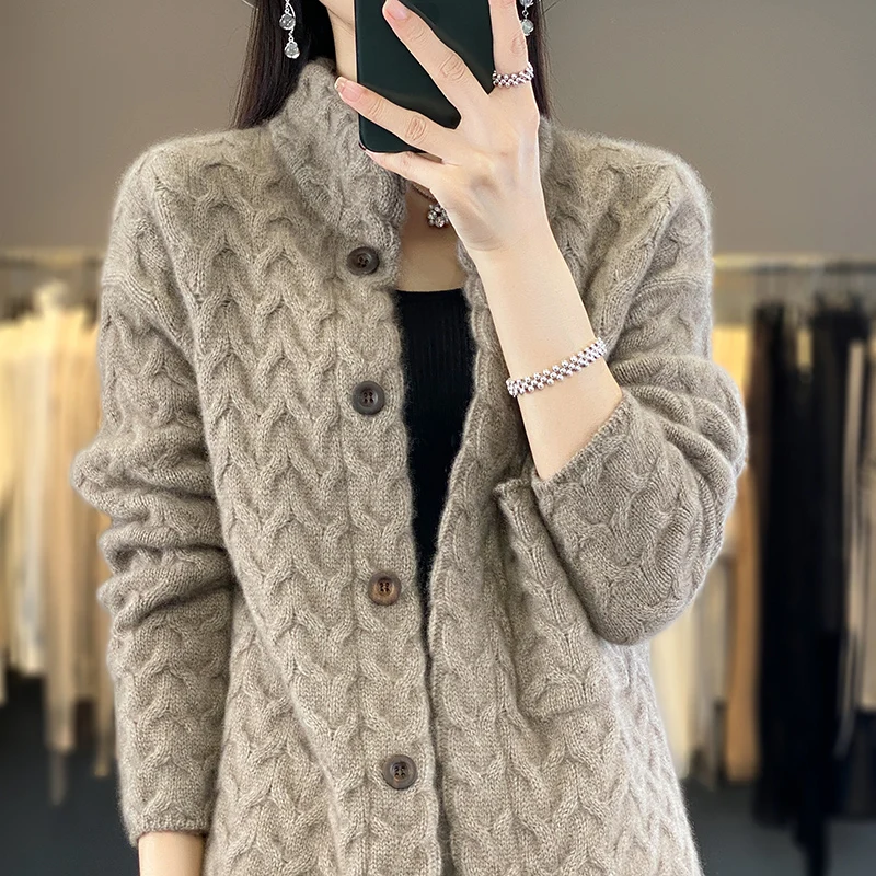 Autumn/Winter New 100% Merino Wool Clothing Women\'s Stand Up Collar Knitted Cardigan Fashion Korean Twisted Jacket Luxurious Top