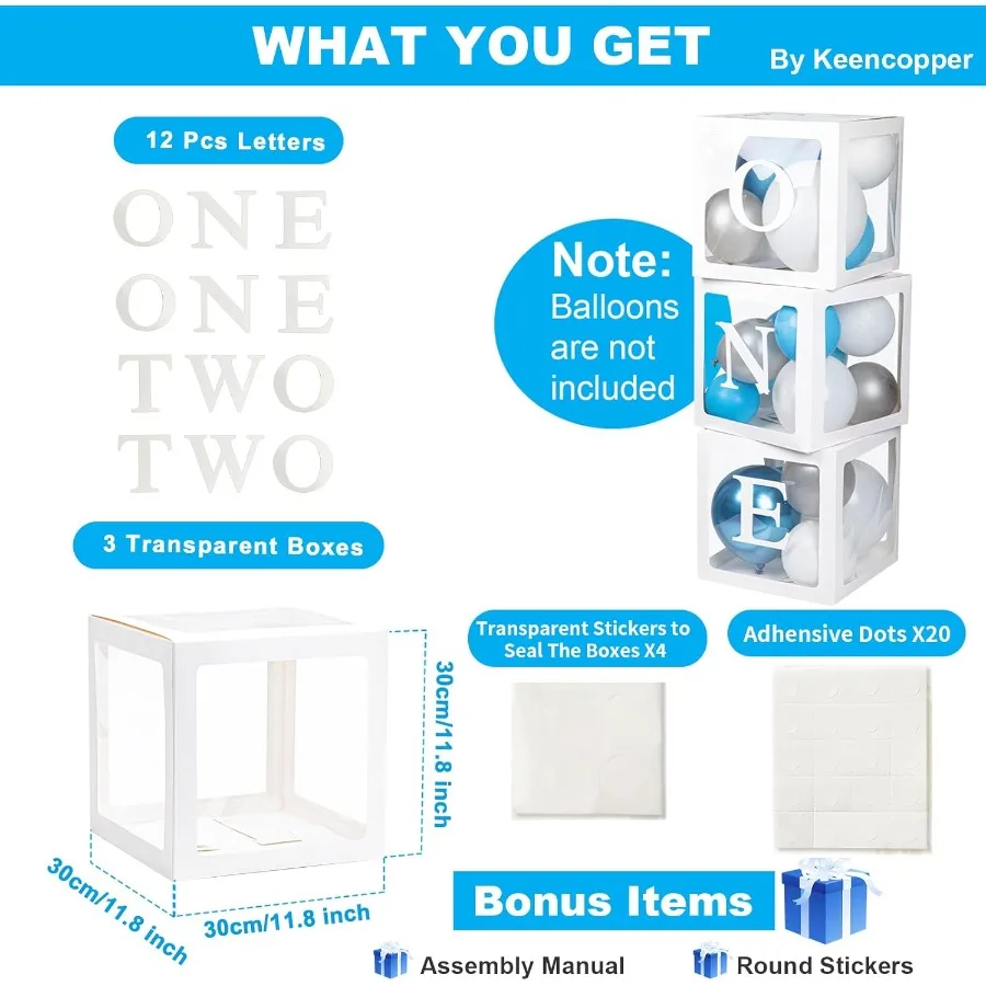 Fit Birthday Decorations For Boy Or Girl 3 Pcs ONE Balloon Boxes For 1st Birthday Baby Clear Blocks Party Decor With ONE TWO Le