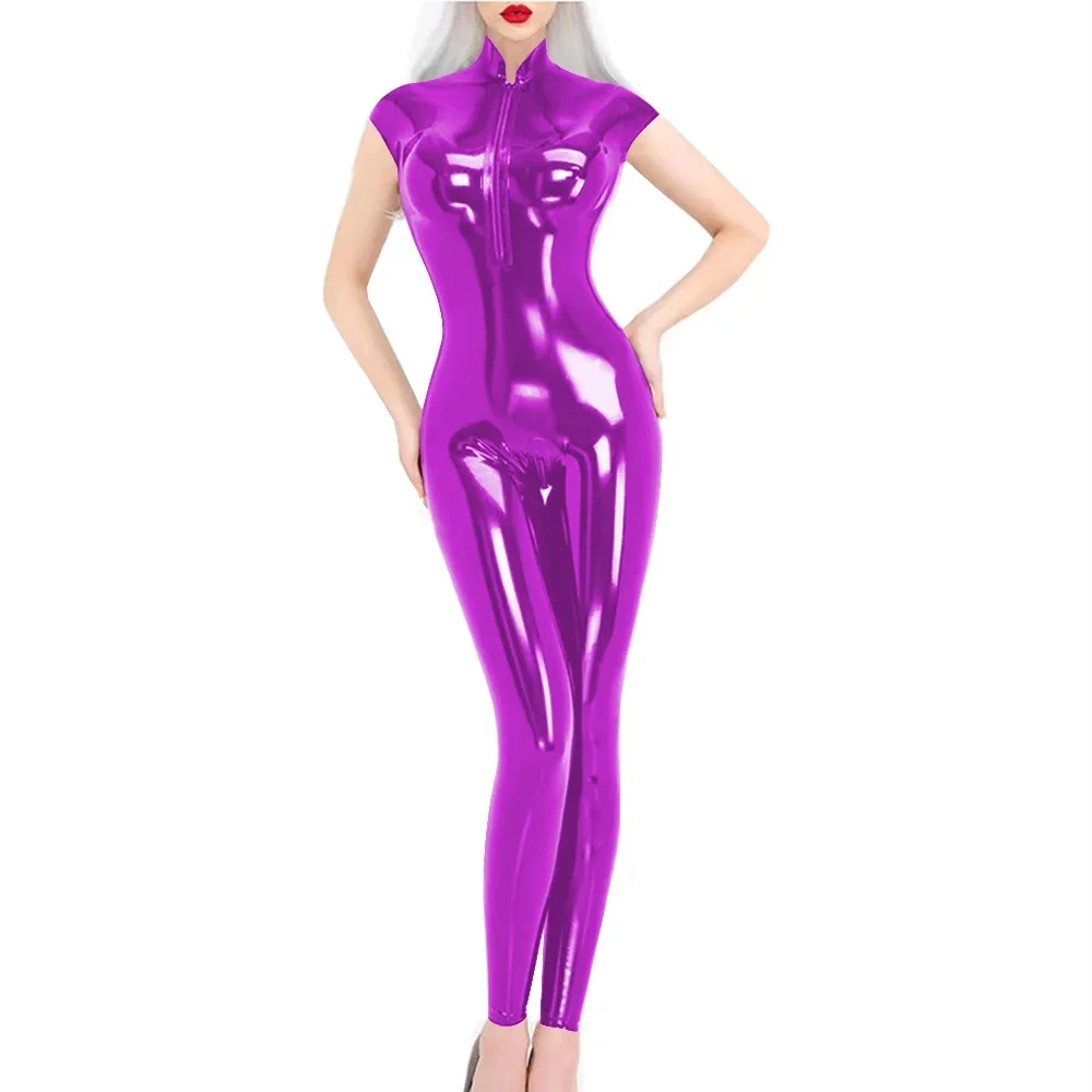 Manica corta effetto bagnato tuta in PVC colletto alla coreana da donna cerniera con apertura sul cavallo tuta in PU body da pole dance catsuit sexy