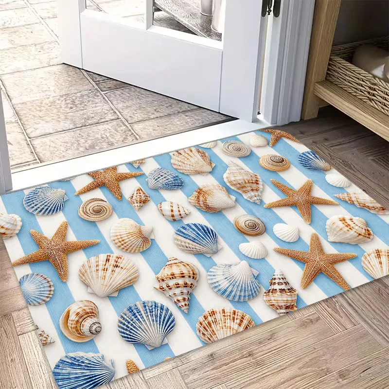 Pink Beach Waves Seashell Starfish Pearl Doormat Summer Seaside Print Soft Entrance Rug Indoor Outdoor Coastal Style Carpet
