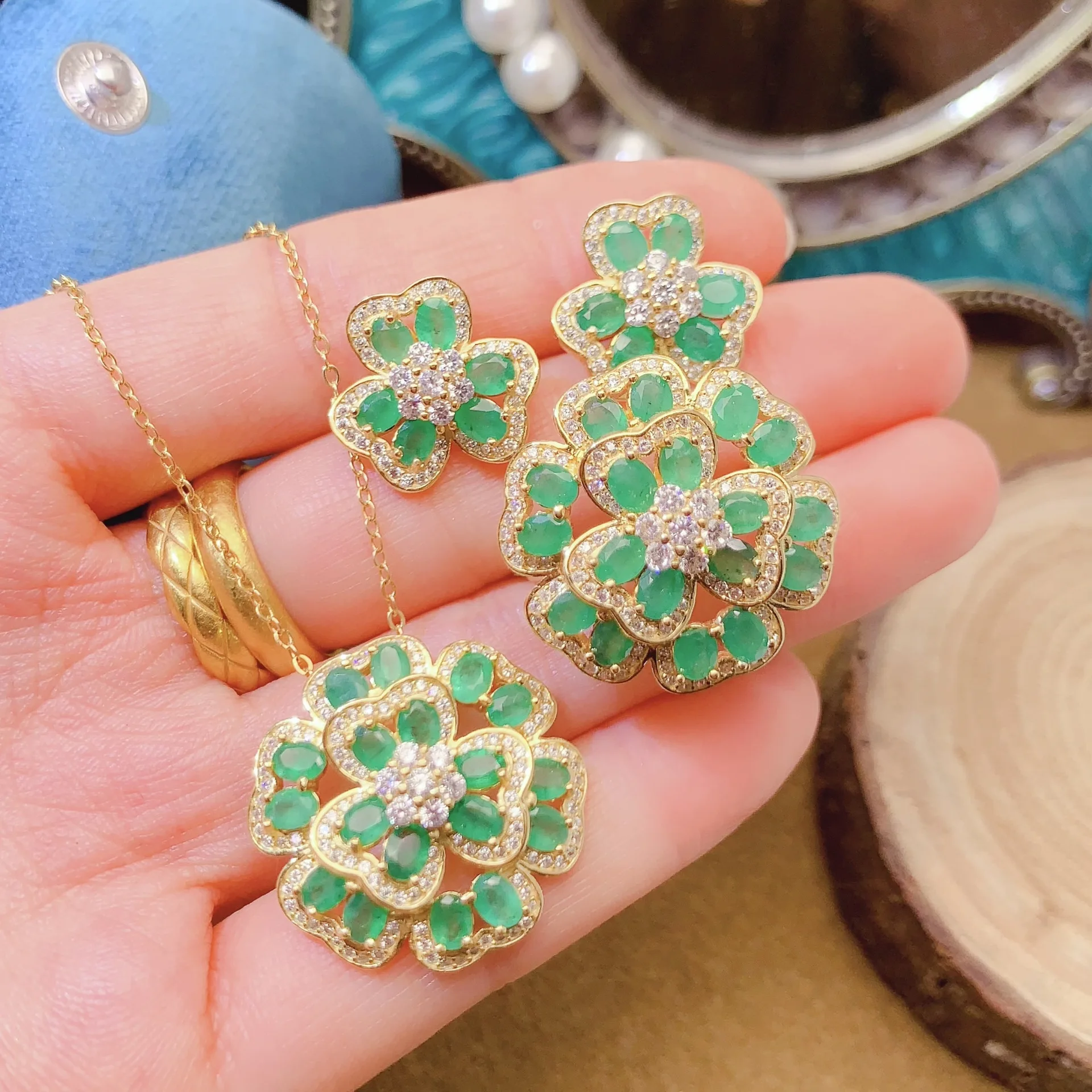 Natural Emerald Floral Jewelry Set - Necklace Earrings Ring, 925 Silver Setting 3x4mm Main Stones, Elegant Gemstone Jewelry Gift