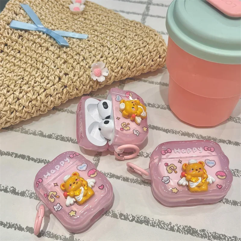 

3D Butter Teddy Bear Case for AirPods 4 Airpod 1 2 3 Pro Pro2 Bluetooth Earbuds Charging Box Protective Earphone Case Cover