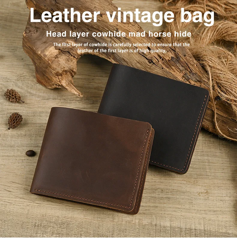 Men's Crazy Horse Leather Wallet Genuine Leather Card Holder Purse Minimalist 2-Fold Horizontal