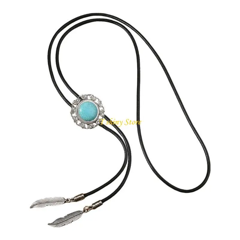 

N58F Mens Women Vintage Turquoises Pendant Bolo Tie Leather Rope Necktie Necklace Shirt Collar Chain Cowboy Neckwear