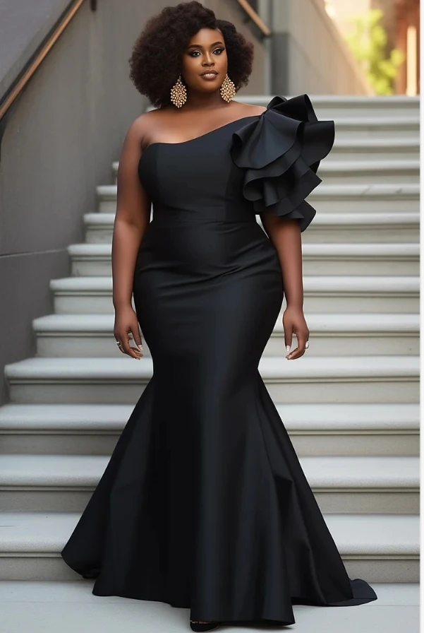 Design Plus Size Formal Black Elegant Oblique Collar  Flutter Sleeve Ruffle Bodycon Satin Maxi Dresses
