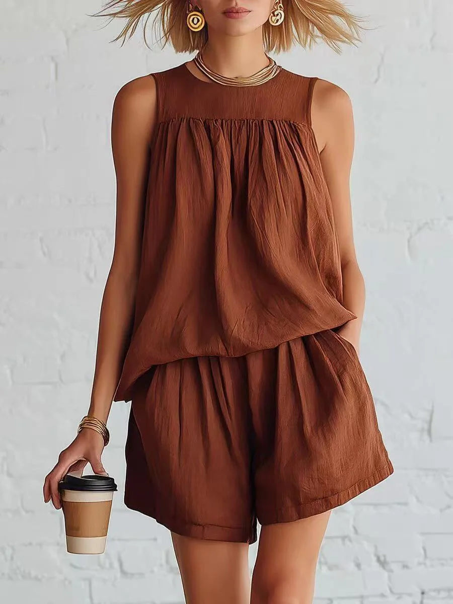 Lässiges Damen-Loungewear-Set, 2-teilig, einfarbige ärmellose Weste und locker sitzende Shorts für den täglichen Gebrauch zu Hause. – Detail 2