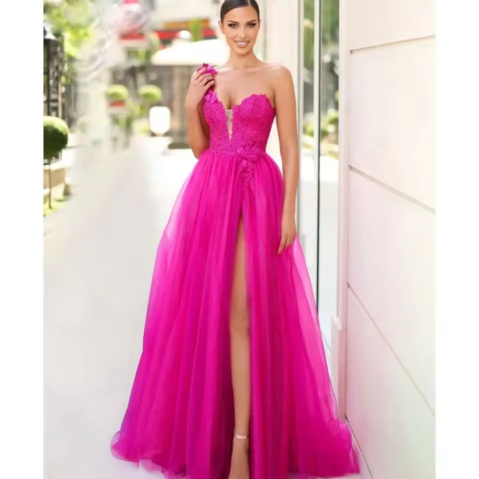 

Elegant Women Porm Dress Customized One Shoulder A-line Floor-Length Embroidery Wedding Party dresses Formal robes de soirée