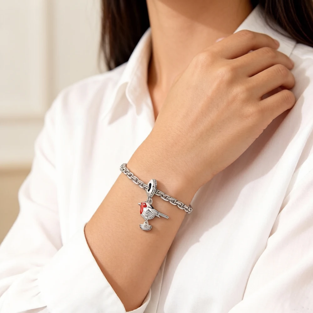 Red Robin Bird Dangle Charm For Women 925 Sterling Silver Cute