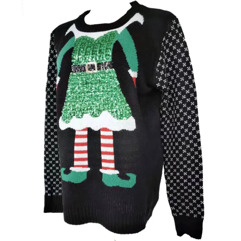 Ladies\' Christmas Santa Jacquard Sweater Cartoon Long Sleeve Pullover Color Block Knitwear Sueter