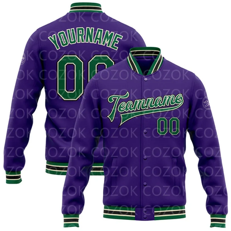 Custom Purple Colour 3D Printed Baseball Button Jacket Bomber Full-Snap Varsity Letterman Jacket