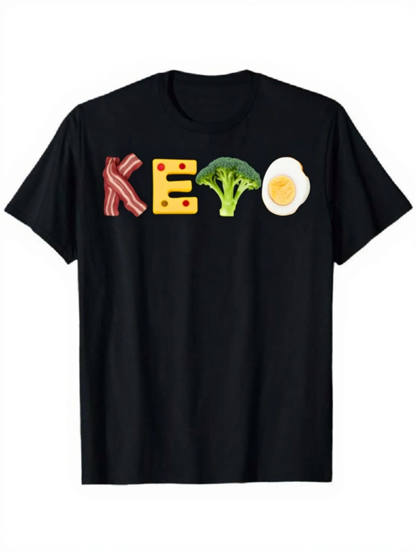 Men'S And Women'S Black KETO Food Print T-Shirt Designed for Low Carb Diet Enthusiasts. This Casual Tee Fea
