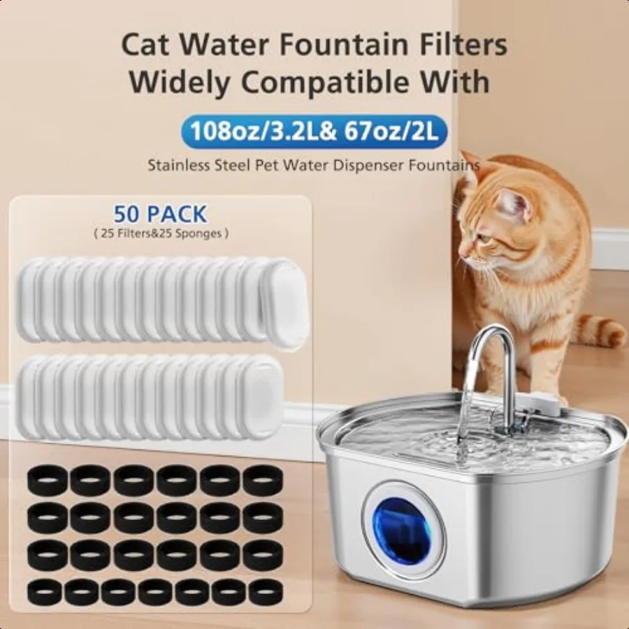 Paquet de 50 filtres de fontaine d'eau pour chat pour 108 3.2L 67oz 2L distributeur d'eau pour animaux de compagnie en acier inoxydable remplacement de filtre de fontaine pour chien et chat 25