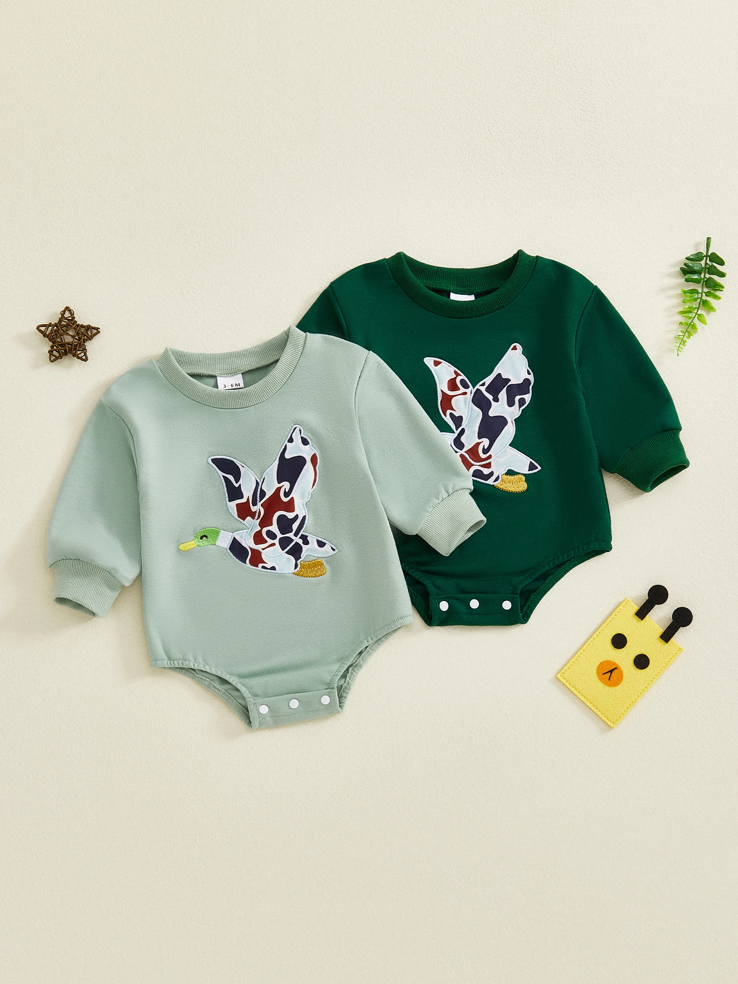 

Infant Boy Fall Hooded with Long Sleeves and Camouflage Duck Embroidery Cozy O Neck Romper for Autumn