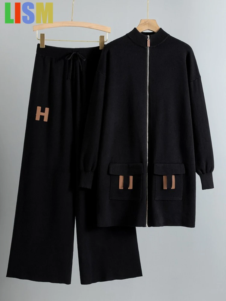 

LISM winter woman outfit zipper loose knit sweater long top+drawstring wide leg pants casual temperament New in matching sets