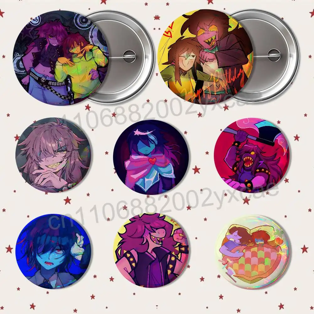 Two person motif Krusie Kris Susie Deltarune Reflective Pin Tinplate Round Brooch Cartoon Cosplay Badges for Bag Hat Toys Gifts