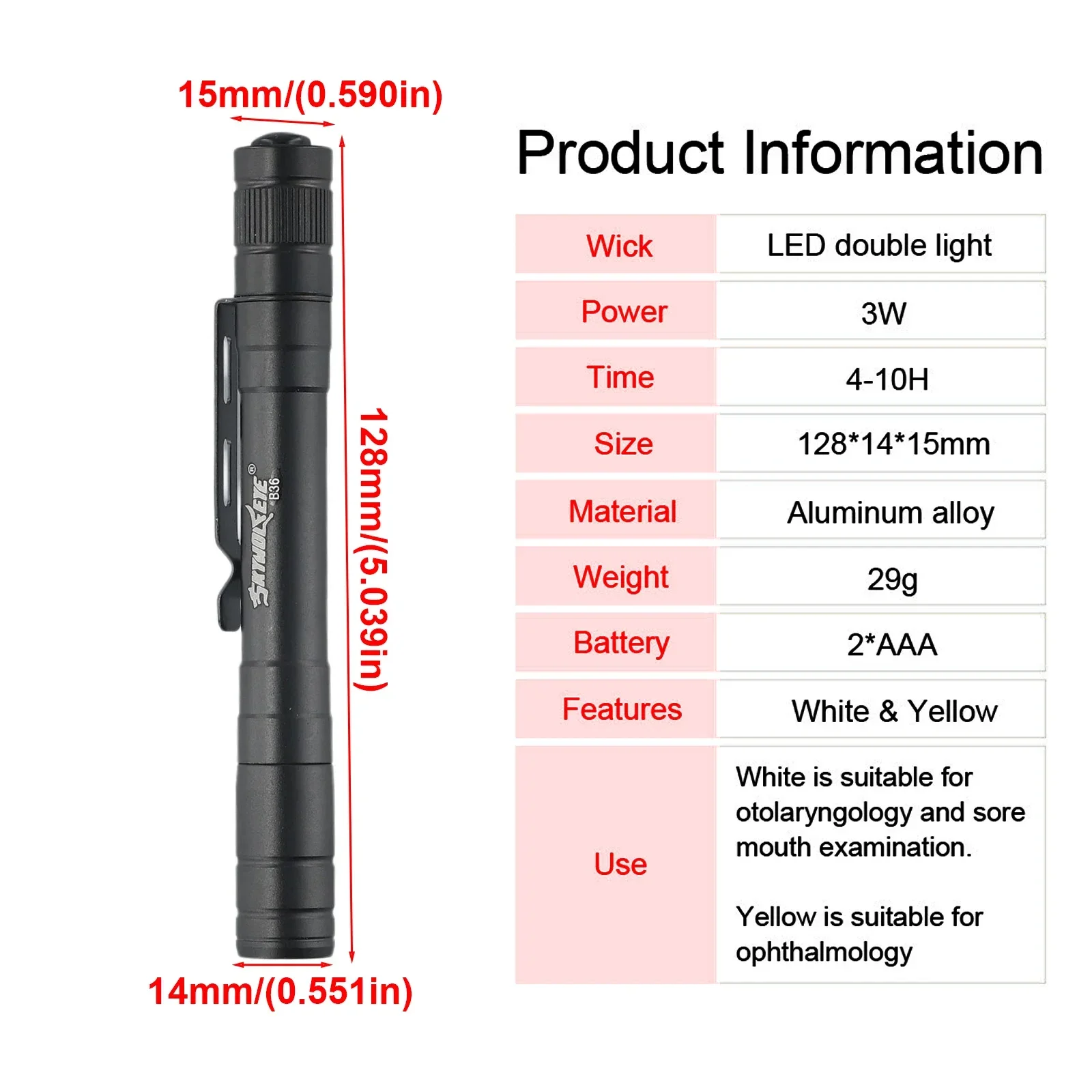 Yellow White Dual Light Source Medical Mini Pen Style Light LED Flashlight Tactical Outdoor Camping Hiking Tools