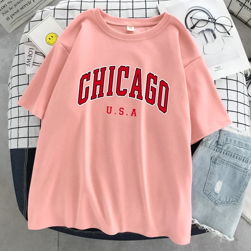 شيكاغو الولايات المتحدة الأمريكية مدينة رسالة الجرافيك طباعة المرأة تي شيرت الشارع الصيف التي شيرت عادية كم قصير تنفس تي شيرتات رائع