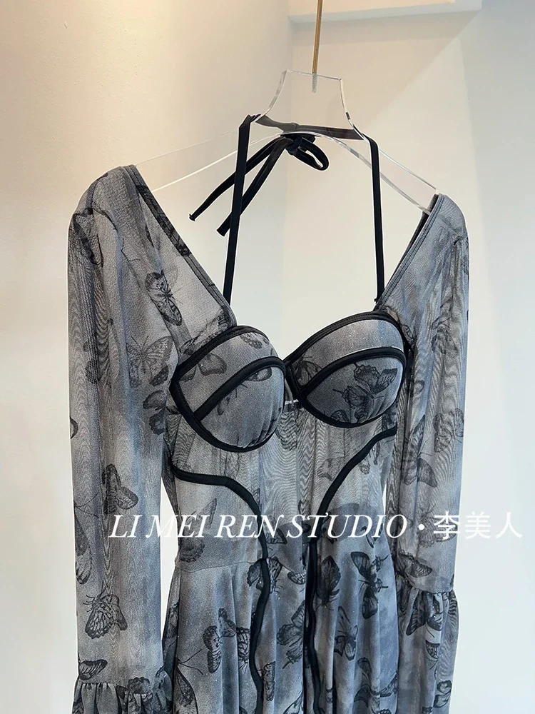 New Retro Palace Style Butterfly Print Fine Flash Long Sleeve Skirt Style jumpsuit Female swimsuit