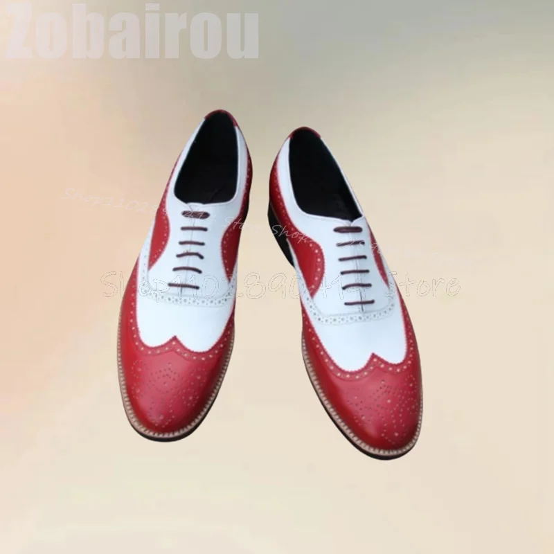 Zapatos Derby con cordones para hombre, calzado de lujo hecho a mano, con diseño de tallado en rojo y blanco, a la moda, para fiesta, banquete y vestido