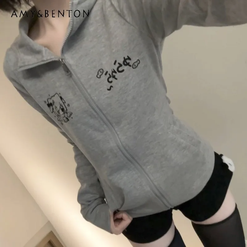 

2024 New Japanese Cute Spice Girl Autumn Slim Gray Versatile Cartoon Element Hooded Long Sleeves Jacket For Girl