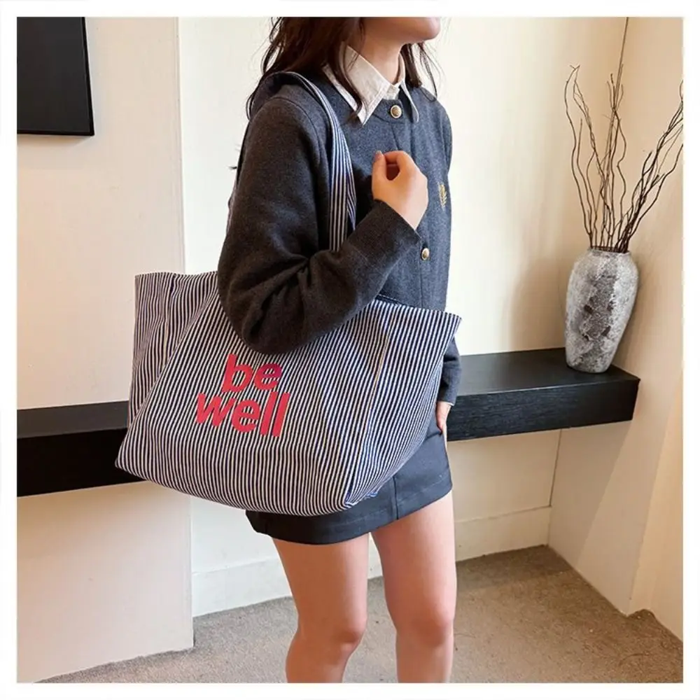 

Женская сумка через плечо с крупными полосками, материал — холст, двусторонний дизайн, холщовая сумка, корейский стиль, большая вместимость