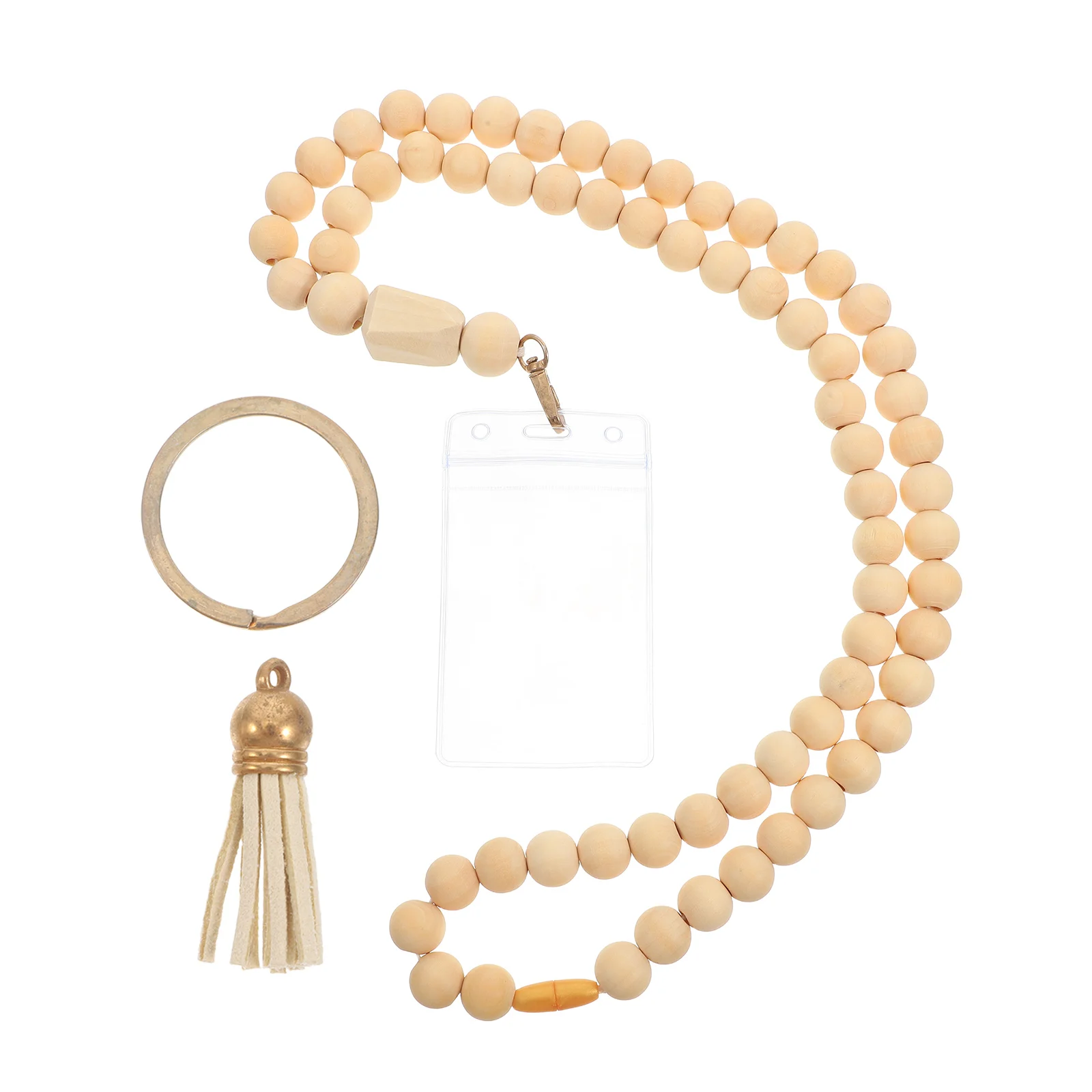 

1 set Wooden Beads Tassel Lanyard Badge Holder Necklace for Teachers Retractable Clip Nurse ID Card Straps Boho Style