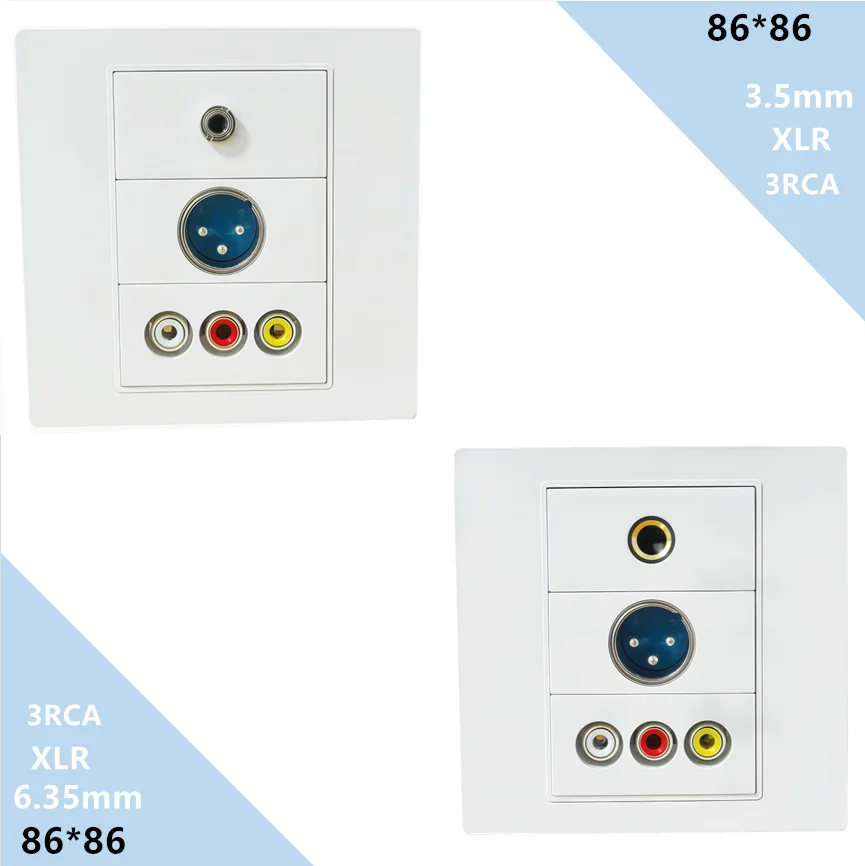 86mm * 86 Pro 6.35mm 3.5mm XLR XLR3pin 3RCA Female Home TV AV Wall Outlet Video Socket Face Plate White ABS
