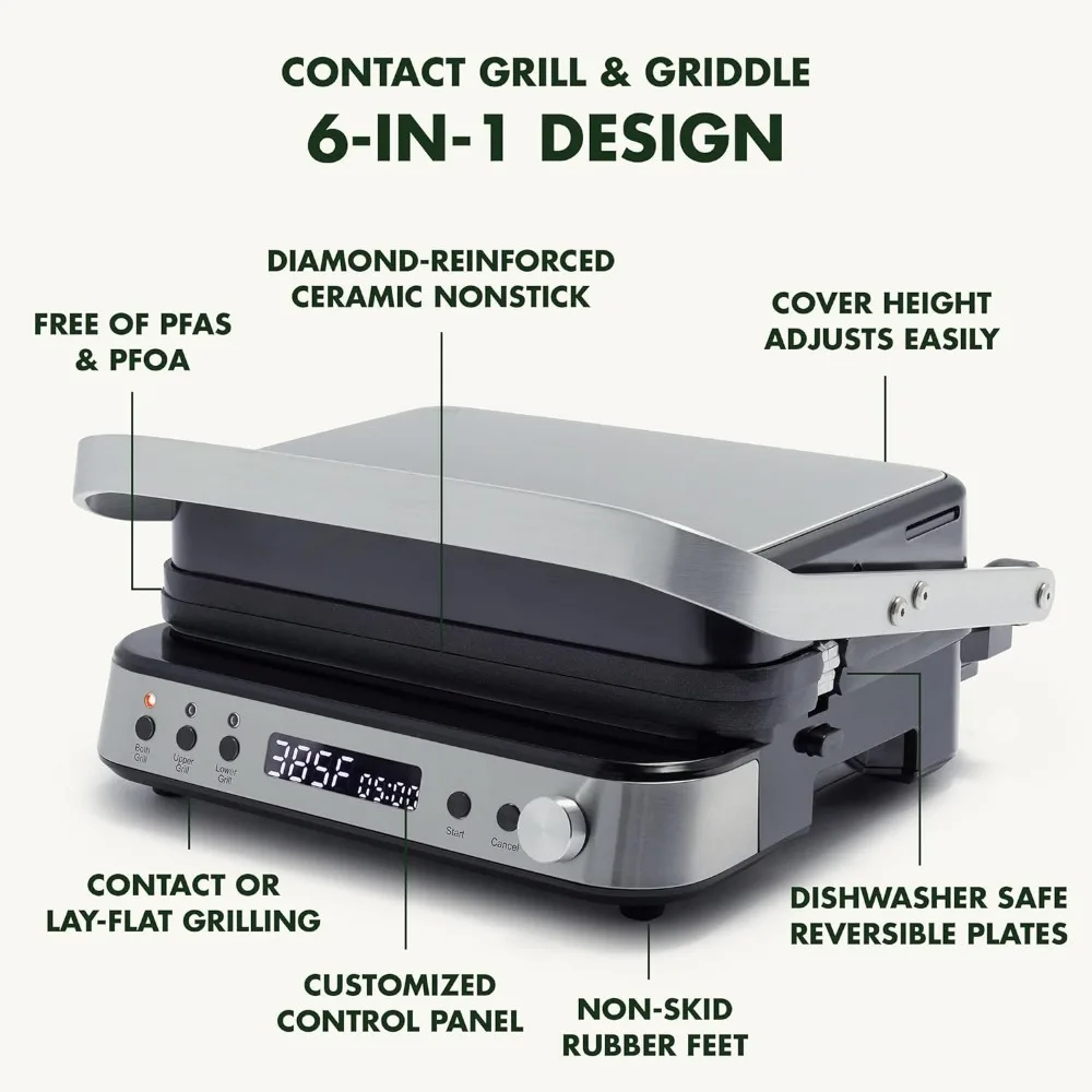 Parrilla y plancha de contacto 6 en 1 de acero inoxidable para interiores, antiadherente de cerámica saludable, placas reversibles aptas para lavavajillas