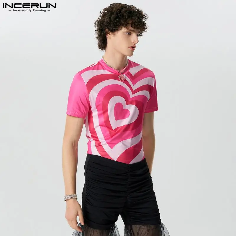 INCERUN Tops 2024 Fashionable New Men\'s Gradient Love Pink T-shirts Casual Stylish Male Hot Selling Short Sleeved Camiseta S-5XL