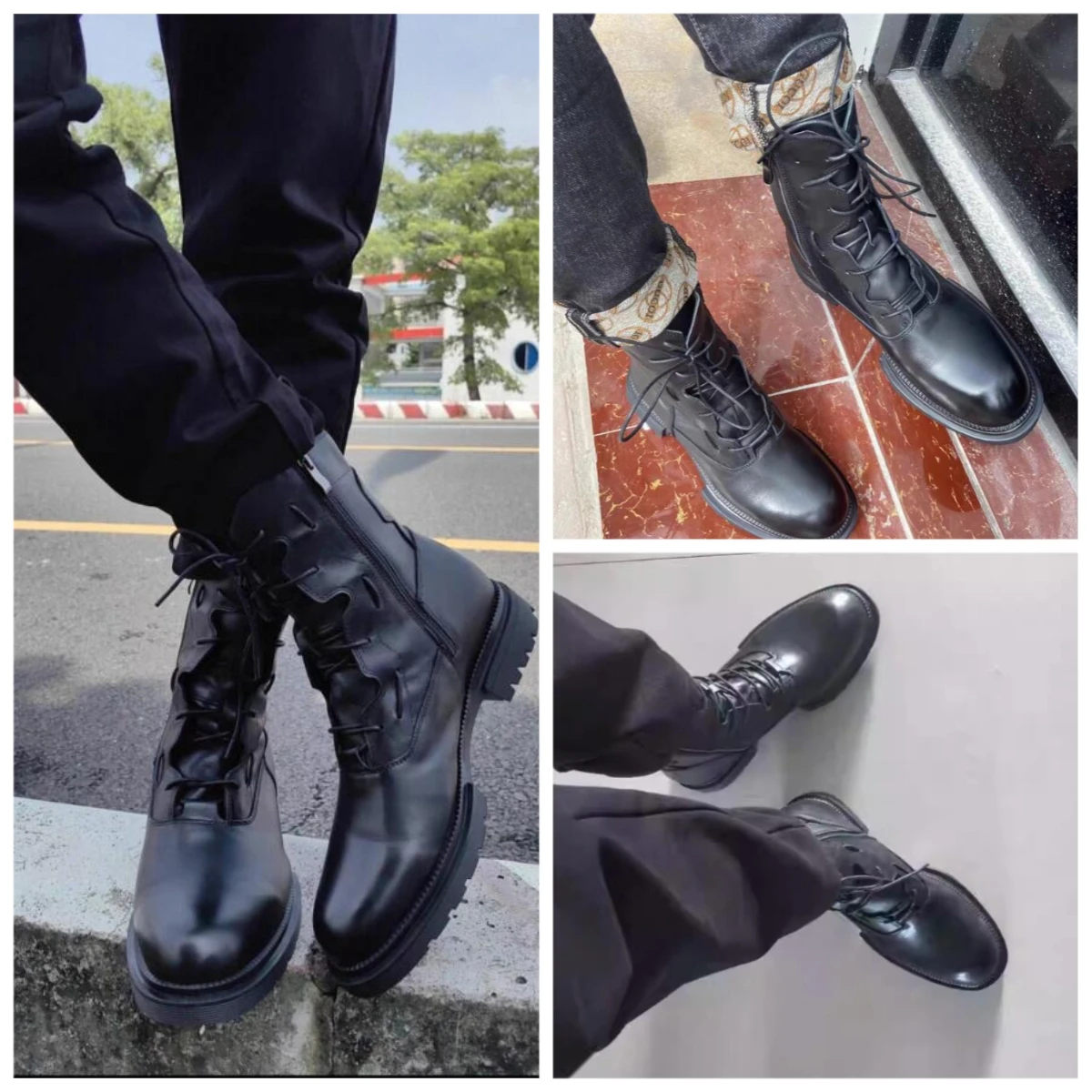 

Motorcycle Boots Leather Men's Winter High-top Lace-up Locomotive Boots Fashion Warm Black Casual Shoes