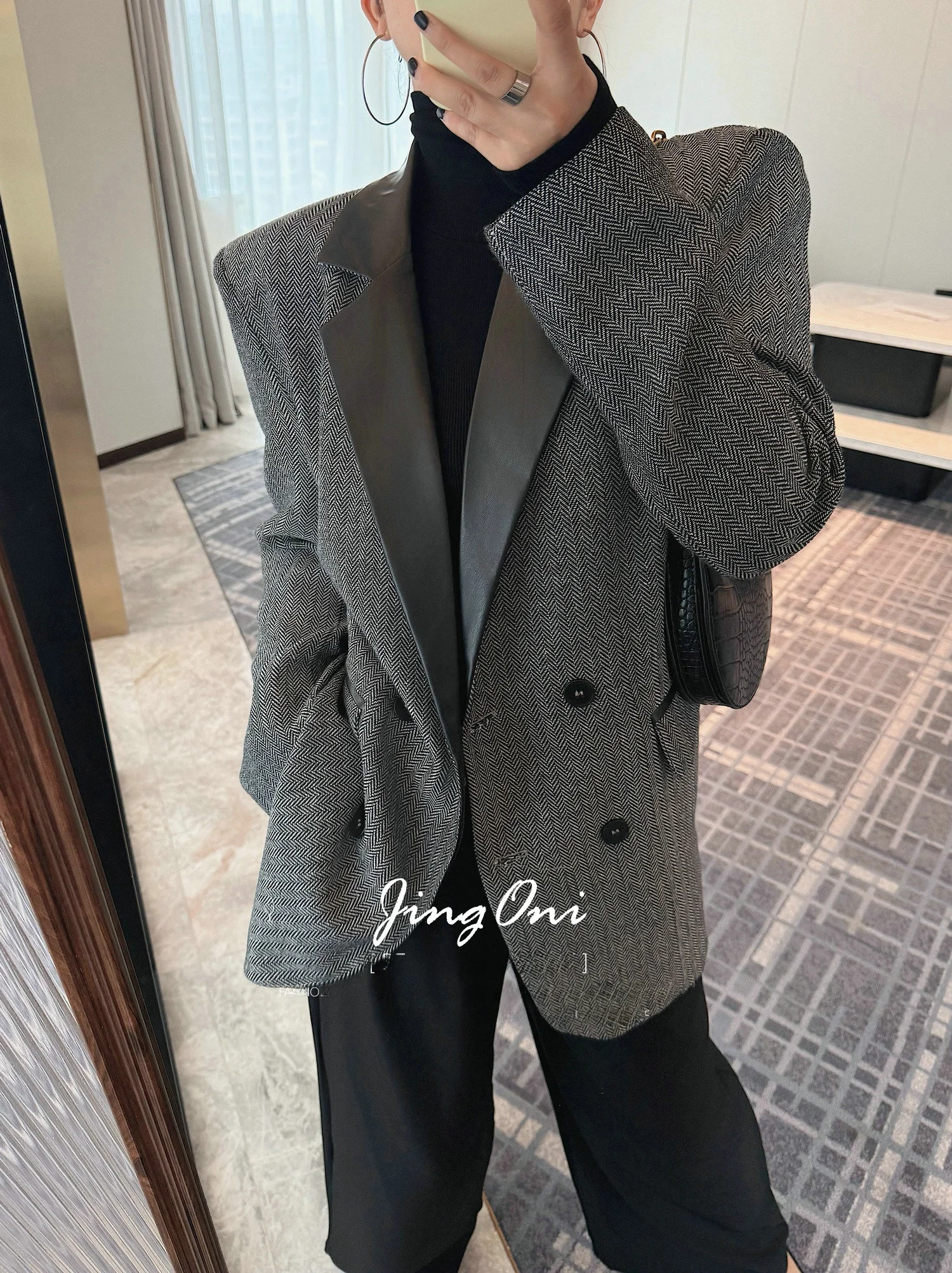 Wełniany garnitur damski, luźny krój, skórzany kołnierz, odzież wierzchnia jesienno-zimowa, nowy, wyszczuplający, wysokiej jakości materiał.